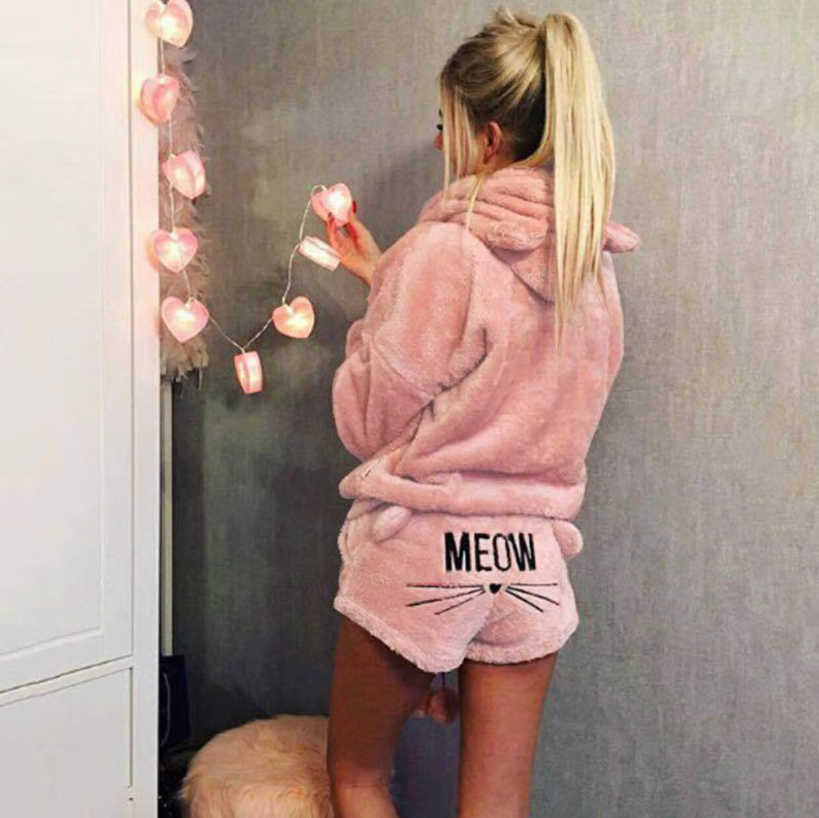 Meow Pattern Hooded Pajama Set
