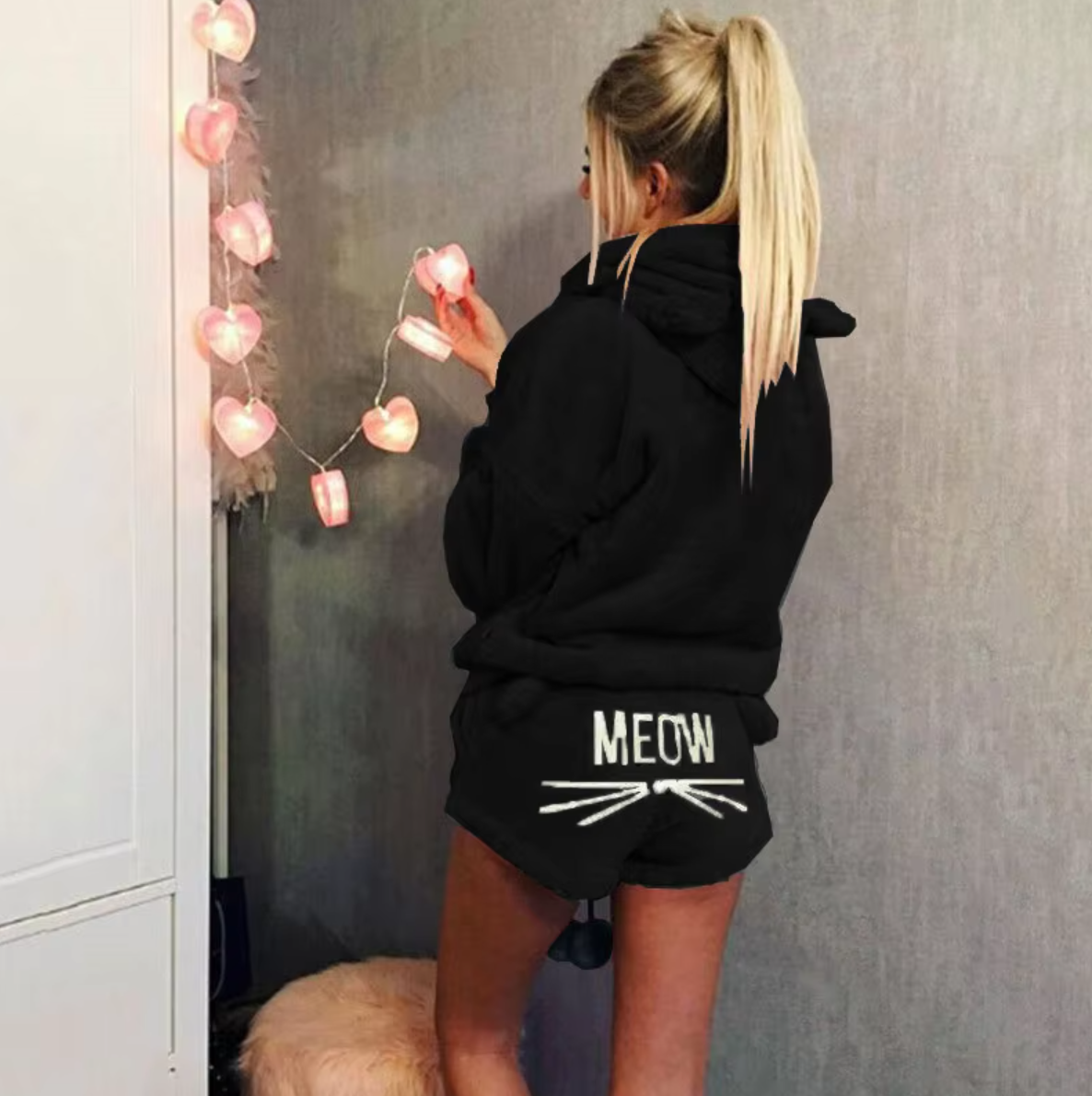 Meow Pattern Hooded Pajama Set