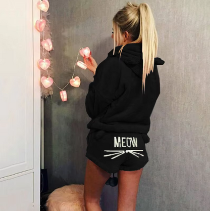 Meow Pattern Hooded Pajama Set