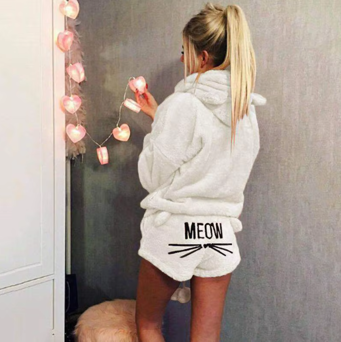Meow Pattern Hooded Pajama Set