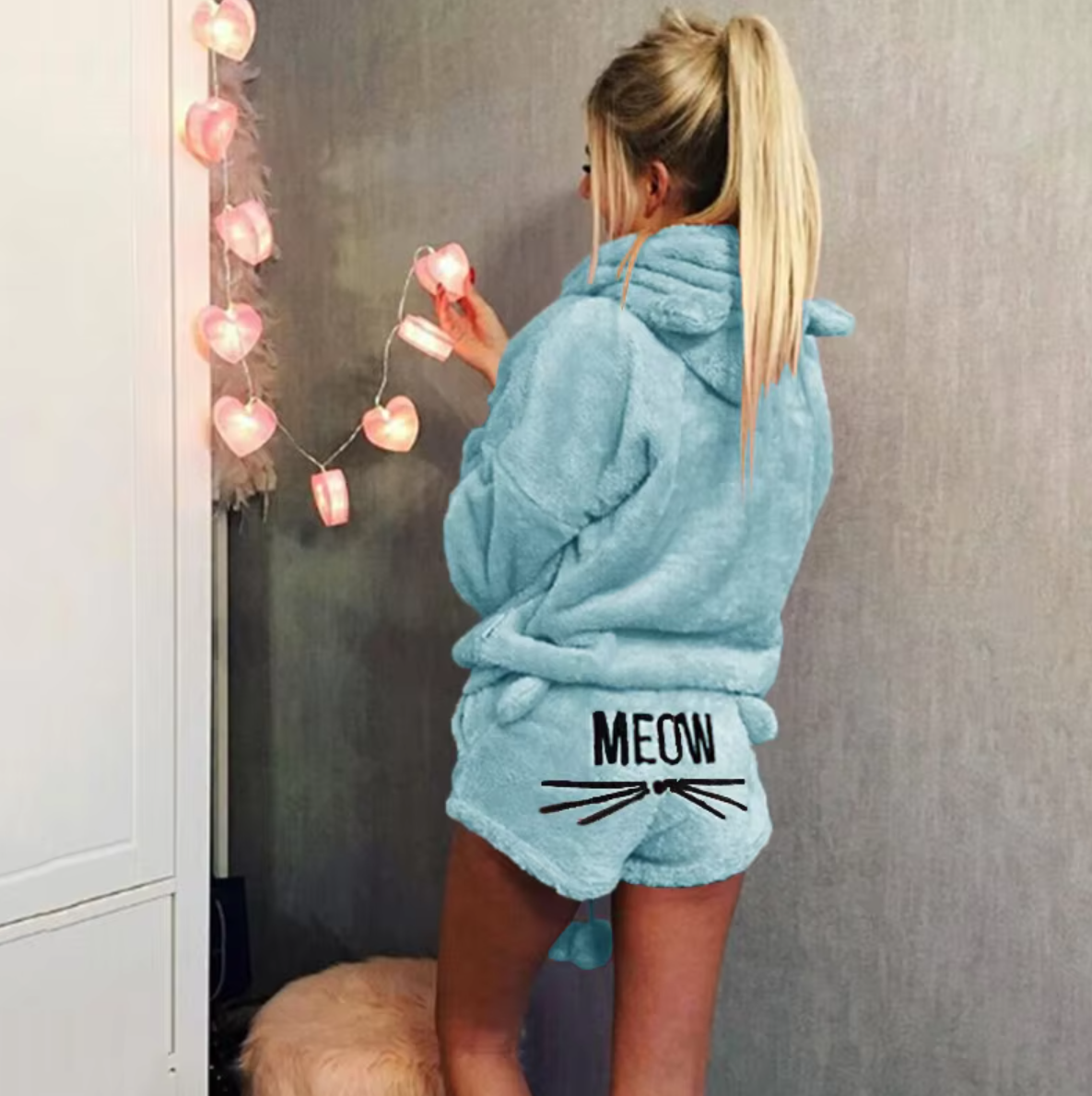 Meow Pattern Hooded Pajama Set