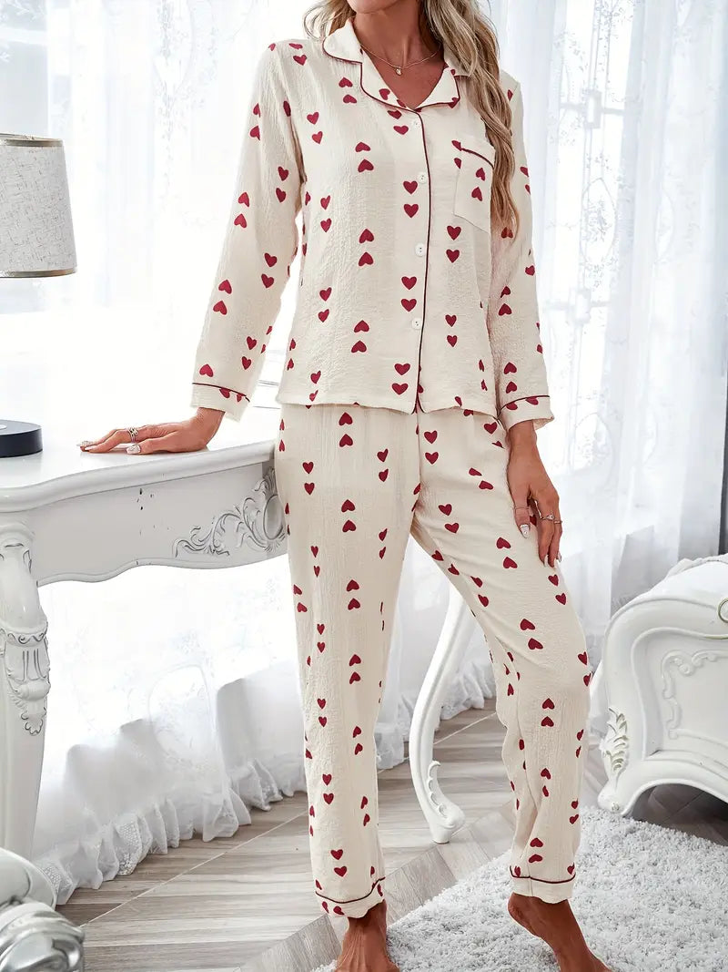 Heart Print Long Sleeve Textured Pajama Set