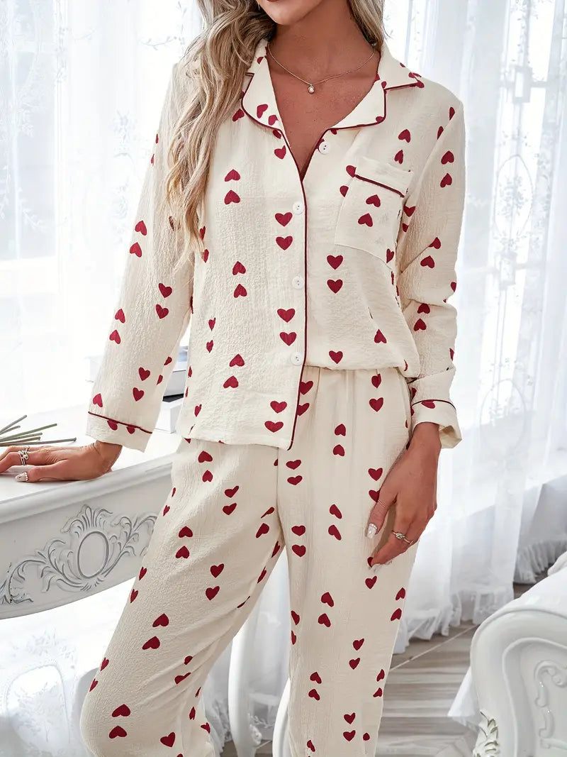 Heart Print Long Sleeve Textured Pajama Set