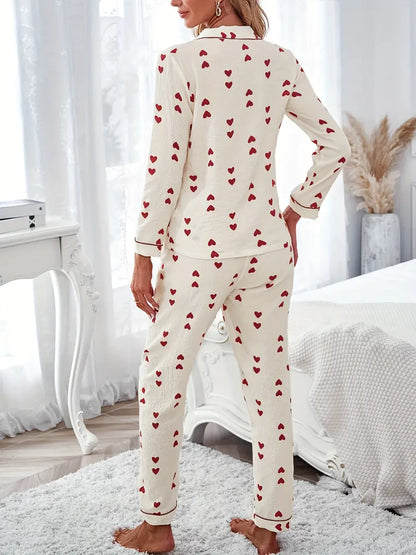 Heart Print Long Sleeve Textured Pajama Set