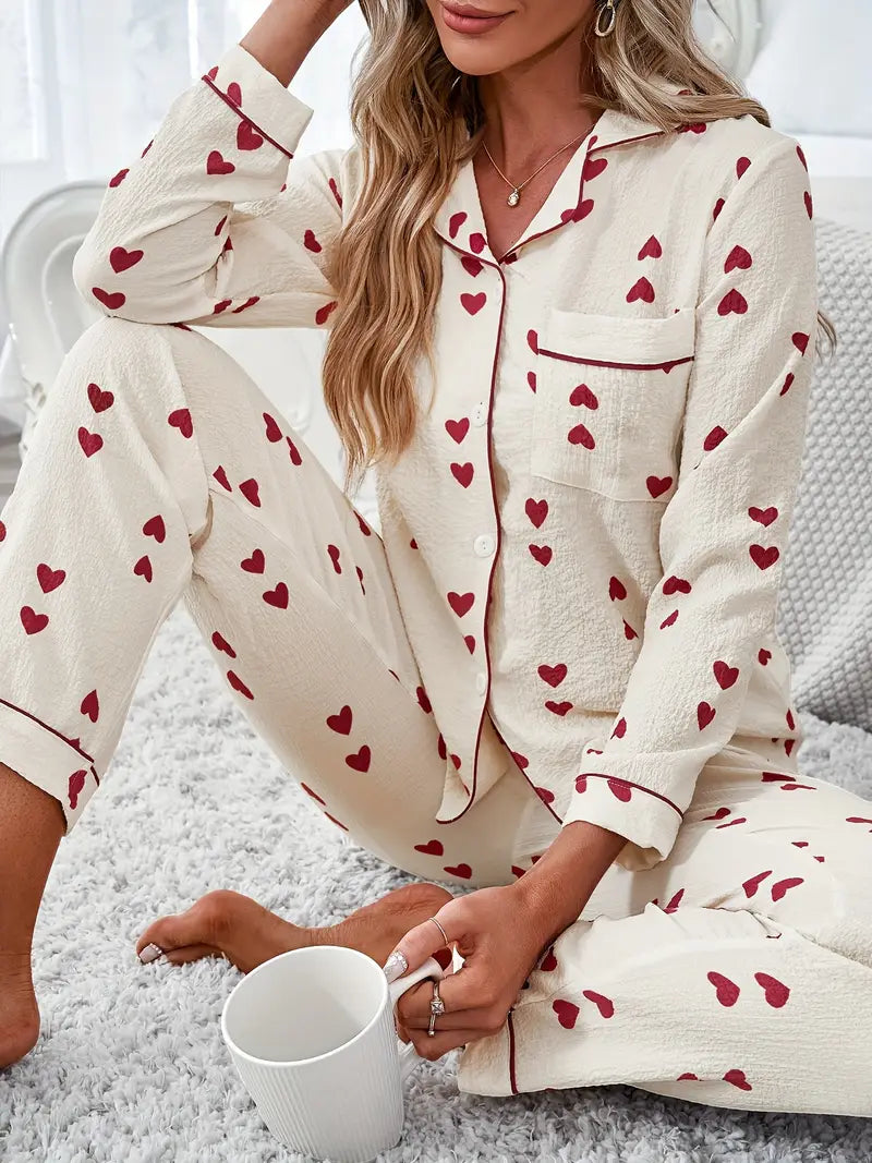 Heart Print Long Sleeve Textured Pajama Set