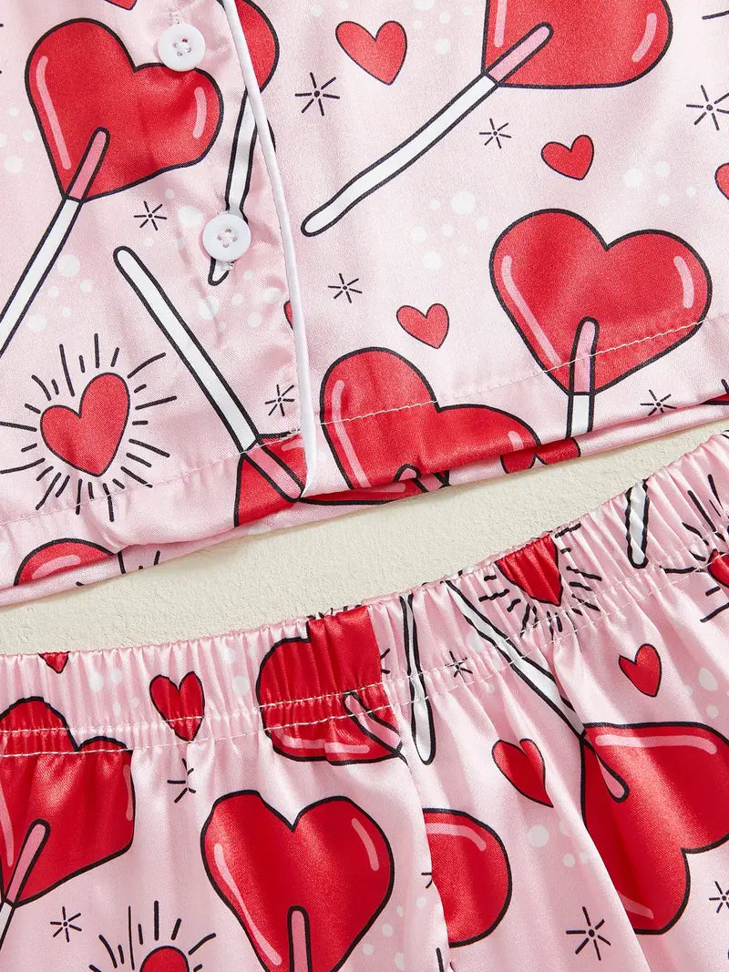 Heart Print Valentine's Day Pajama Set for Girls 2-9 Years