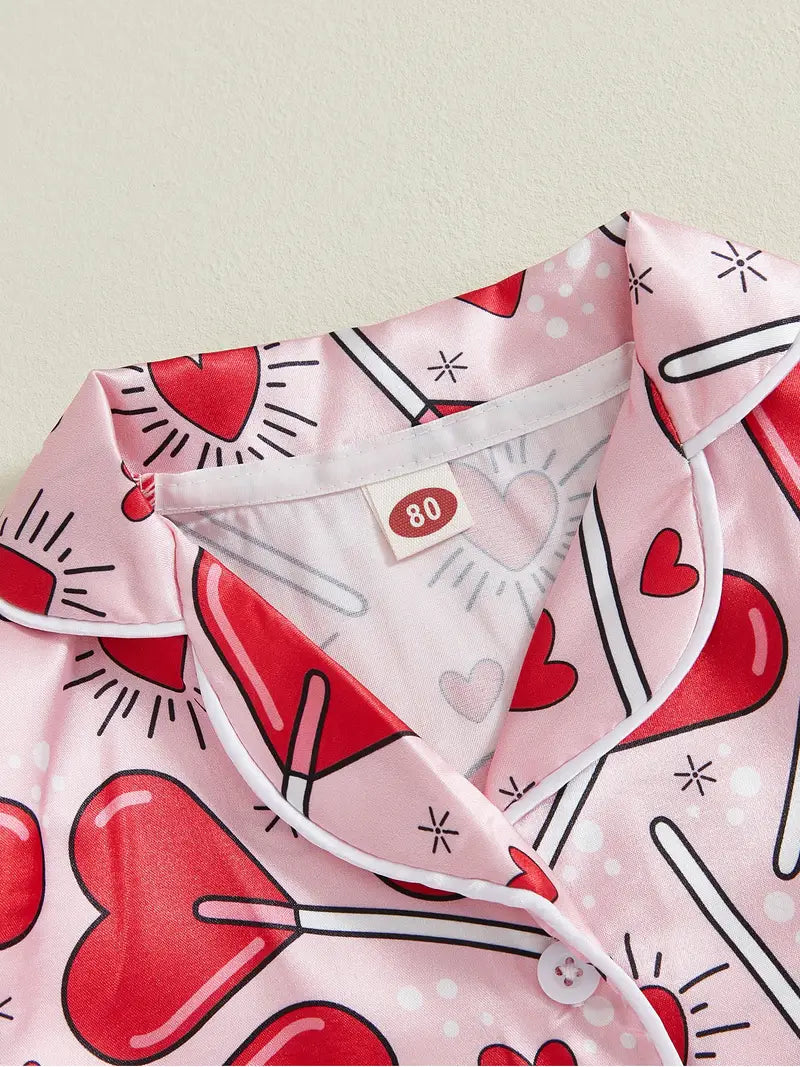 Heart Print Valentine's Day Pajama Set for Girls 2-9 Years