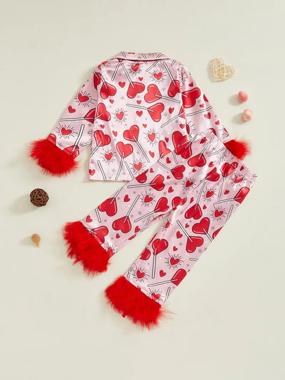 Heart Print Valentine's Day Pajama Set for Girls 2-9 Years