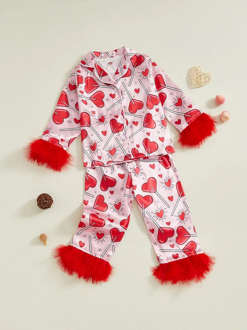 Heart Print Valentine's Day Pajama Set for Girls 2-9 Years