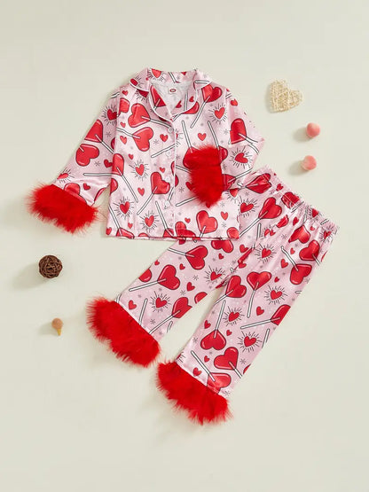 Heart Print Valentine's Day Pajama Set for Girls 2-9 Years