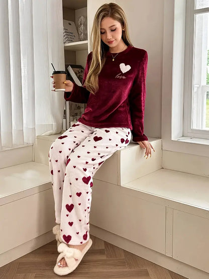 Valentine’s Heart-Patterned Flannel Pajama Set