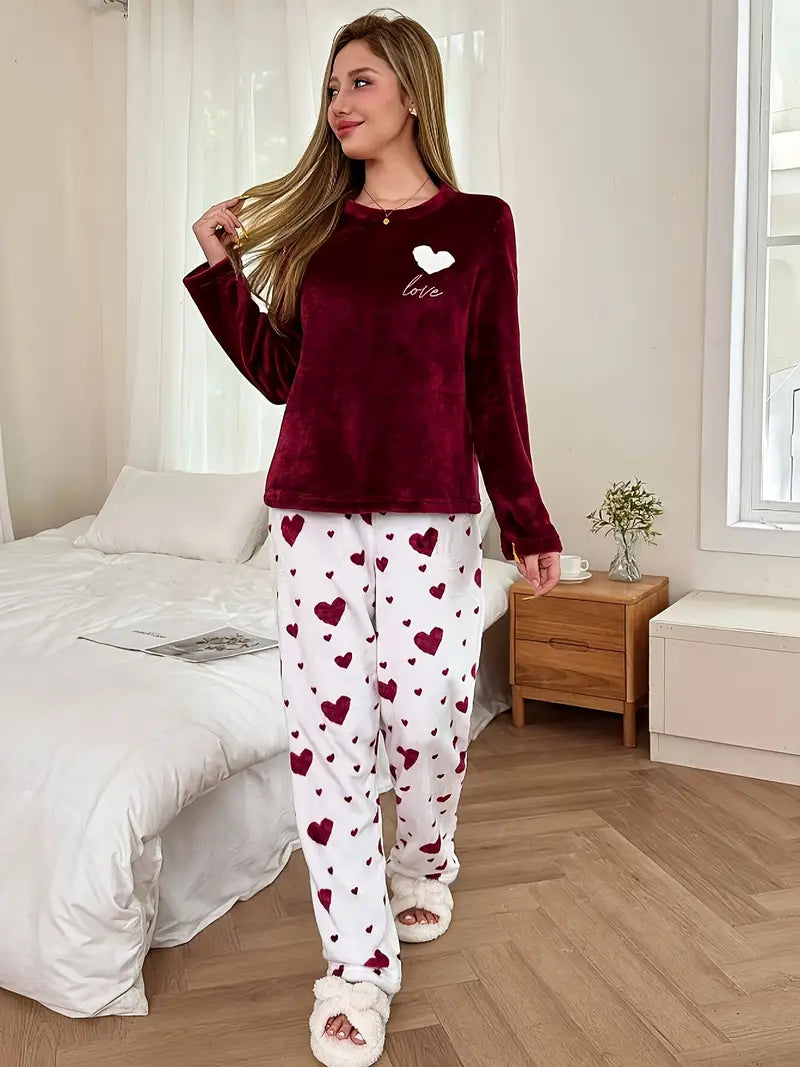 Valentine’s Heart-Patterned Flannel Pajama Set